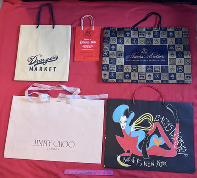 LOT OF 5 VINTAGE LUXURY BRAND DESIGNER PAPER SHOPPING BAGS 4 LARGE & 1 SMALL BAG