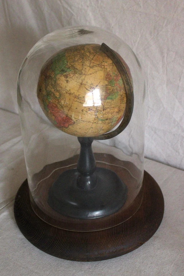 RARO ANTIGUO JOSLIN BOSTON MINI 6" MAPA GLOBO BASE MADERA TERRESTRE CLOCHE DOME Foto 3 de 4
