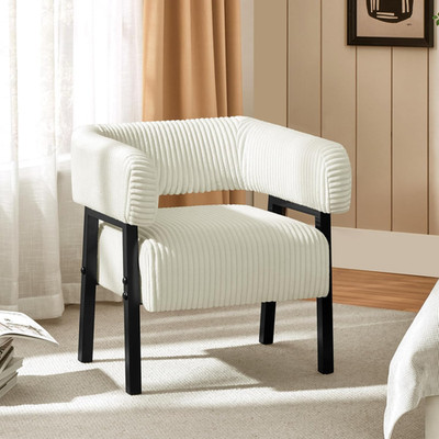 Beige Corduroy Barrel Accent Chair with Cozy Pocket Coiled Seat and Wood Legs