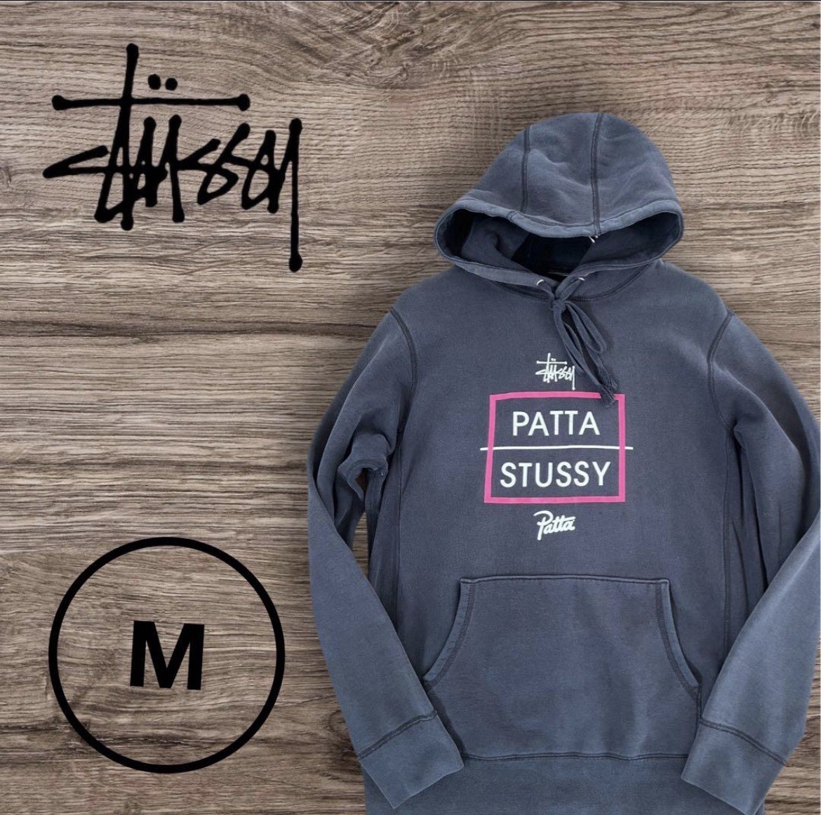 Stussy x Patta Hoodie M Gray Box Logo Pullover Made in Canada