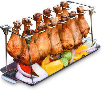 RTT Chicken Leg Rack for Grill with Drip Tray - Easy to Use 12 Slots Chicken Win