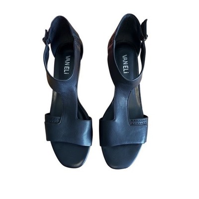 Vaneli Calyx Black Leather T-Strap Wood Wedge Sandals Womens 7.5N
