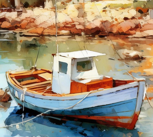 Tranquil Mediterranean Beach Boat Scene - Watercolor Art, 5x7 - Picture 4 of 7