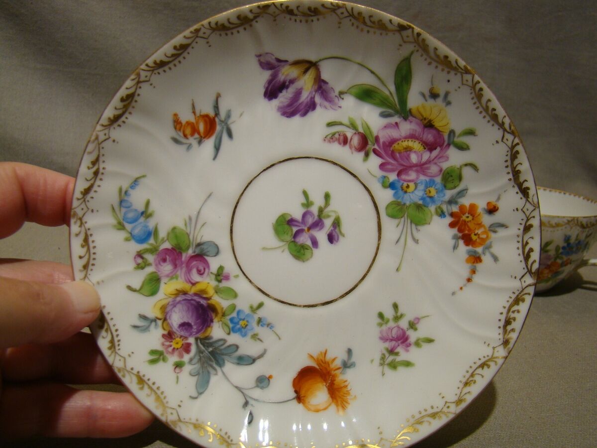 Pair of Richard Klemm Porcelain Dresden Flowers Soup Cups Pair of Richard Klemm Porcelain Dresden Flowers Soup Cups