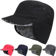 Men's Winter Hat with Visor Warm Earflaps Hat Fully Lined Faux Fur Baseball Cap