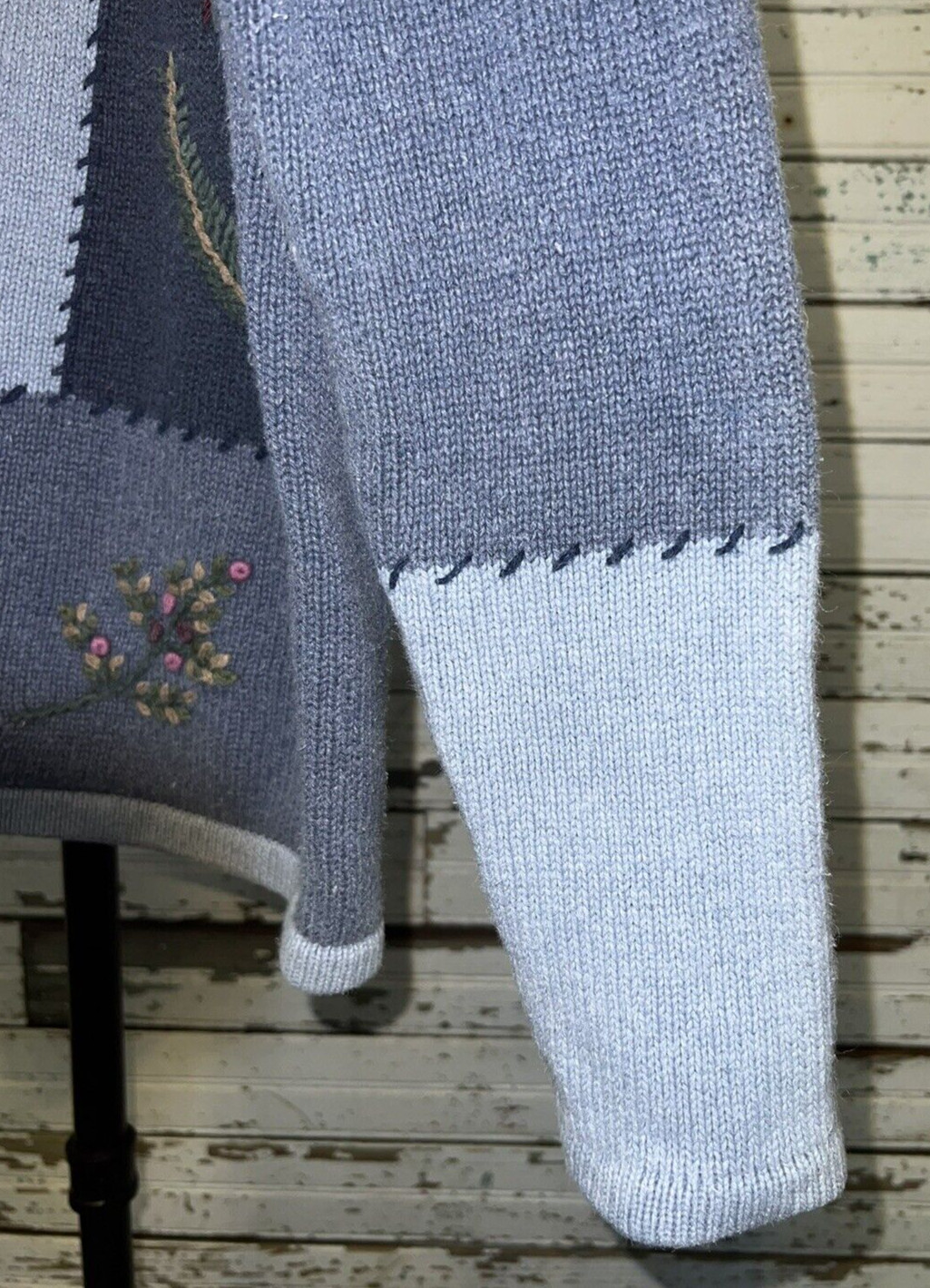 Patchwork Blue Embroidered Pullover Sweater Roll … - image 4
