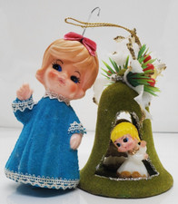 Vintage Plastic Felt Hanging Ornaments Little Girl Green Bell Double Sided Girl