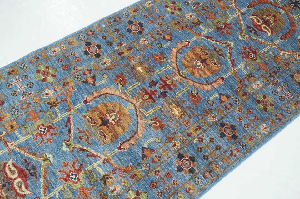 3 x 9 ft Blue Waziri Afghan Hand knotted Transitional Oriental Runner Rug - Image 3 of 4