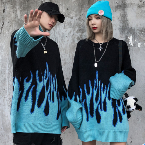Mens Wool Knitted Blue Flame Sweater 