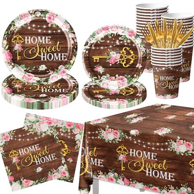 141 Pcs Housewarming Party Kit Rustic Floral Plates Napkins Cups Decorations