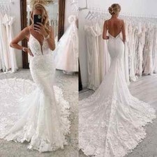 Elegant Mermaid Wedding Dresses Spaghetti Lace Sweep Train Backless Bridal Gowns