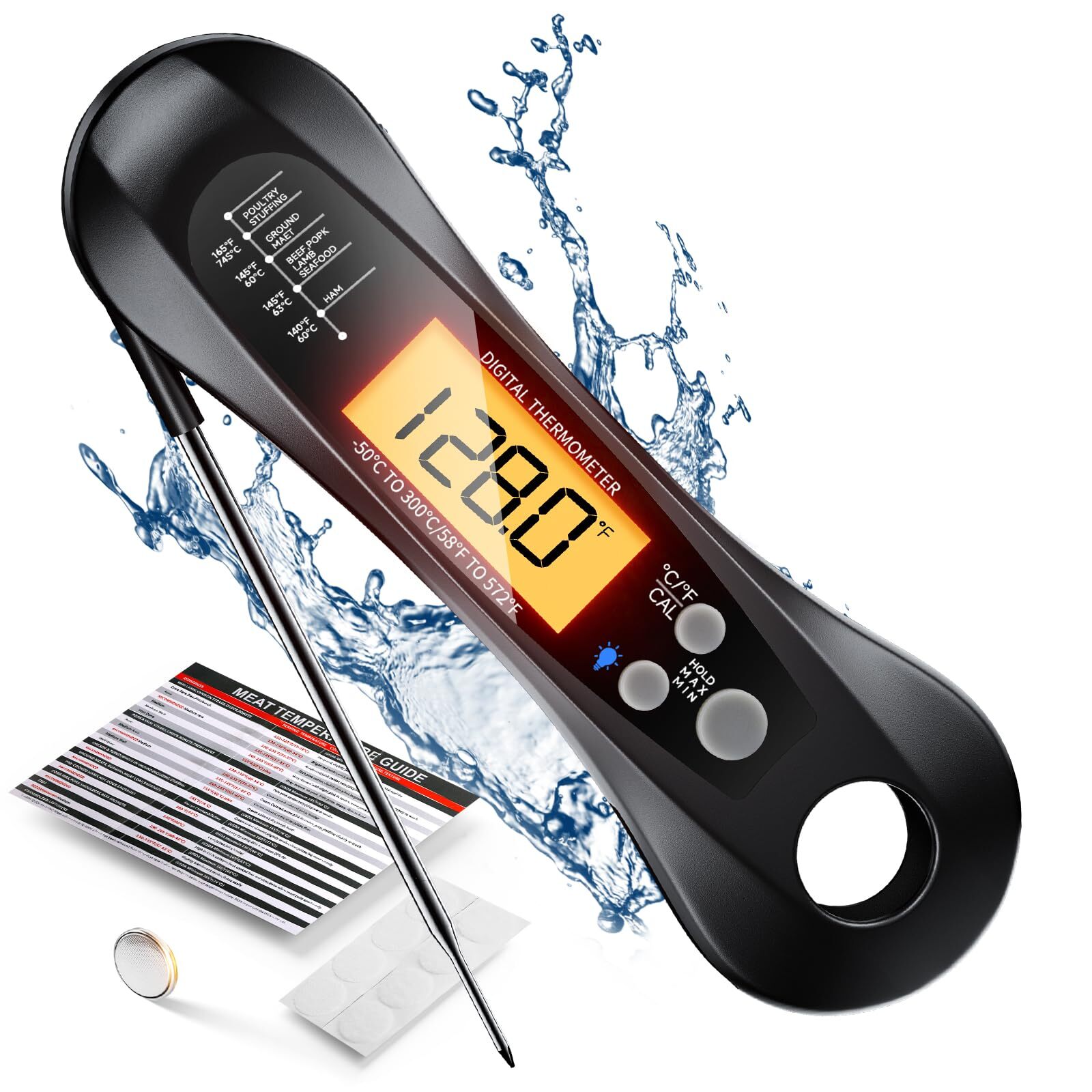 Digital Instant Read Meat Thermometer with Foldable Probe, LED Display - For ...