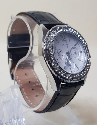 Guess Watch Silver Tone White Dial Pave Bling Black Band New Battery - Picture 2 of 9
