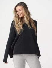 AnyBody Cozy Knit Black Oversized Long Sleeve Top Satin Trim New Lounge