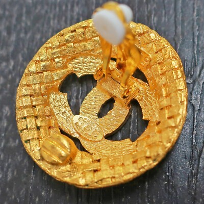 CHANEL Gold Plated CC Logos Round Vintage Clip Earrings #675c Rise