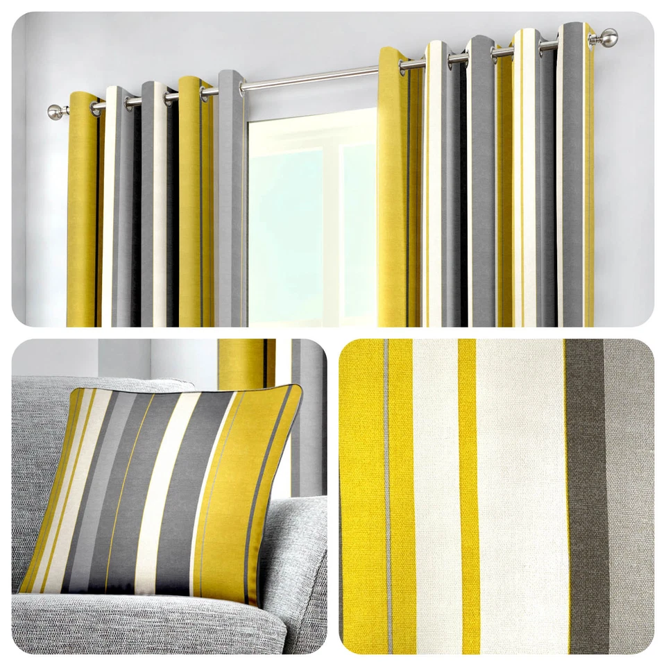 Cortinas y cojines para ojales Fusion WHITWORTH A RAYAS ocre 100 % algodón listos para usar