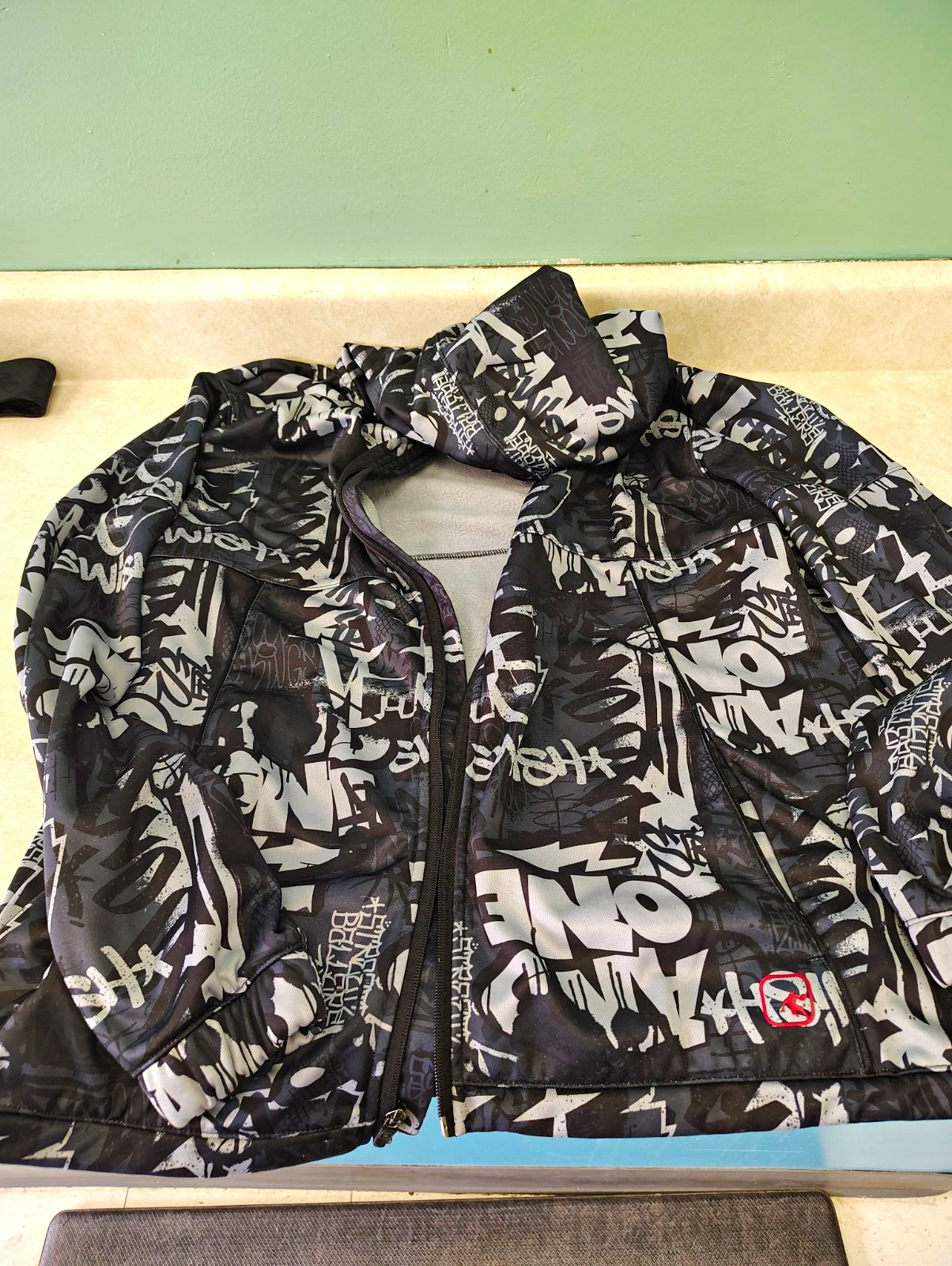 AND1 Men's XL Black Gray White Graffiti Full Zip Hooded Mid-Length Jacket image 1