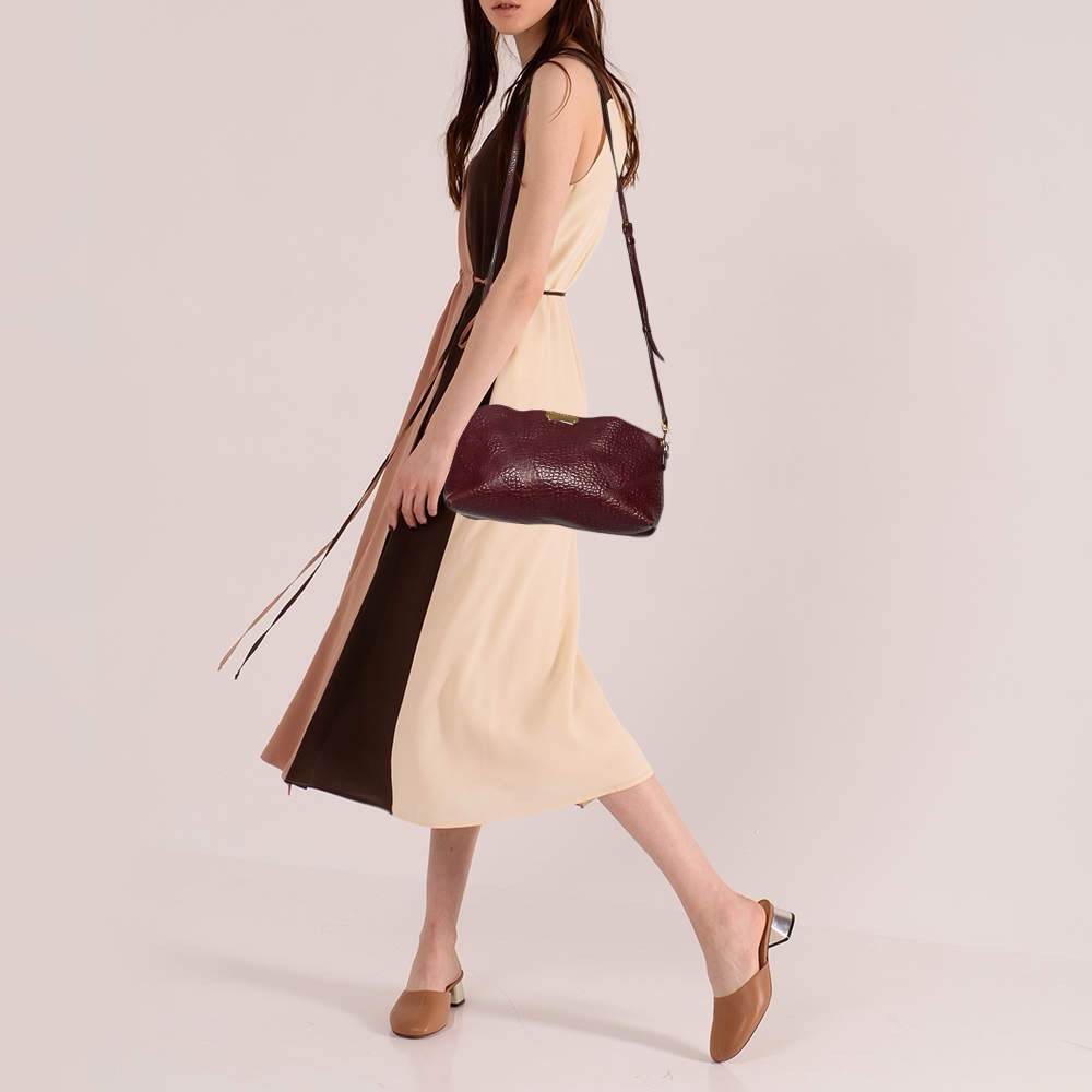 Burberry Burgundy Embossed Check Leather Small Chichester Crossbody Bag