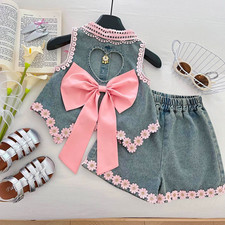 Girls 2-Piece Blue Denim Sleeveless Top  Shorts Set Pink Bow Lace Floral