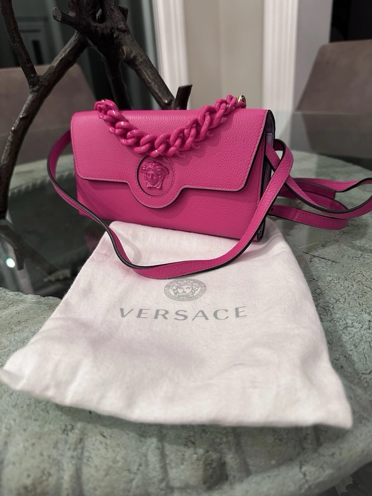 Brand New $1125 Versace Medusa Leather Wallet Cross Body Handbag Hot Pink