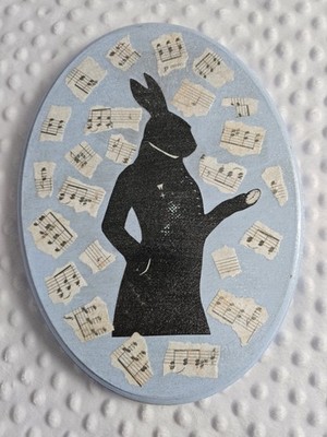 Vintage Rabbit Silhouette Plaque Mixed Media Painted Art Bunny Music Easter Egg