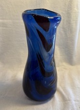 Art Glass Cobalt Swirl Blue Vase Hand Blown 8  Signed Bubbles Thick See Photos