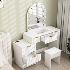 Makeup Vanity Desk with Mirror Lights Glass Tabletop Vanity Table Modern Makeup