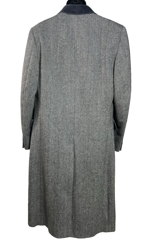 Paul Stuart Herringbone Overcoat Mens 41 Long Black & White Wool Velvet Collar - Image 3 of 4