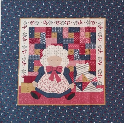 Vtg Cranston~'' Blue Sunbonnet Doll & Kitty''~ Cotton Fabric Panel ~ 14.25''x14.25''