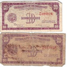 Two 1949 Philippines 10 Centavos Banknote Currency Condition Fair & Poor