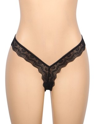 WOW BABE schwarz transparent Blumen Spitze offener Schritt Slips Höschen Tanga Gr 16