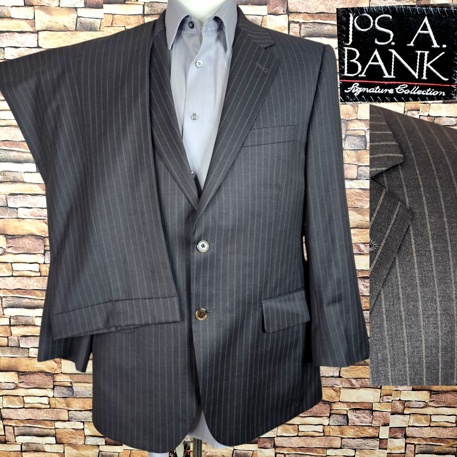 Joseph A Bank 2 Piece Suit Mens 40S 34X28 Gray Brown Stripe SV Wool