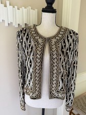 Vintage Papell Boutique Evening Silk Beaded Sequin Jacket XL Art Deco Open Front