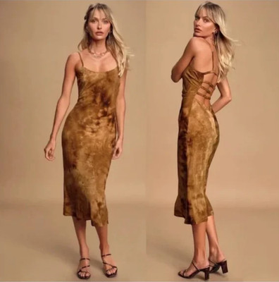 Lulus Second Glance Brown TieDye Strappy Backless Midi Slip Dress Size Large NEW