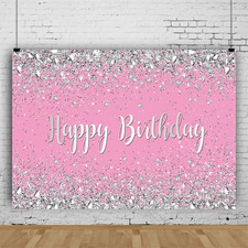 6&times;4Ft Pink and Silver Happy Birthday Photography Backdrop Glitter Silver Spots B