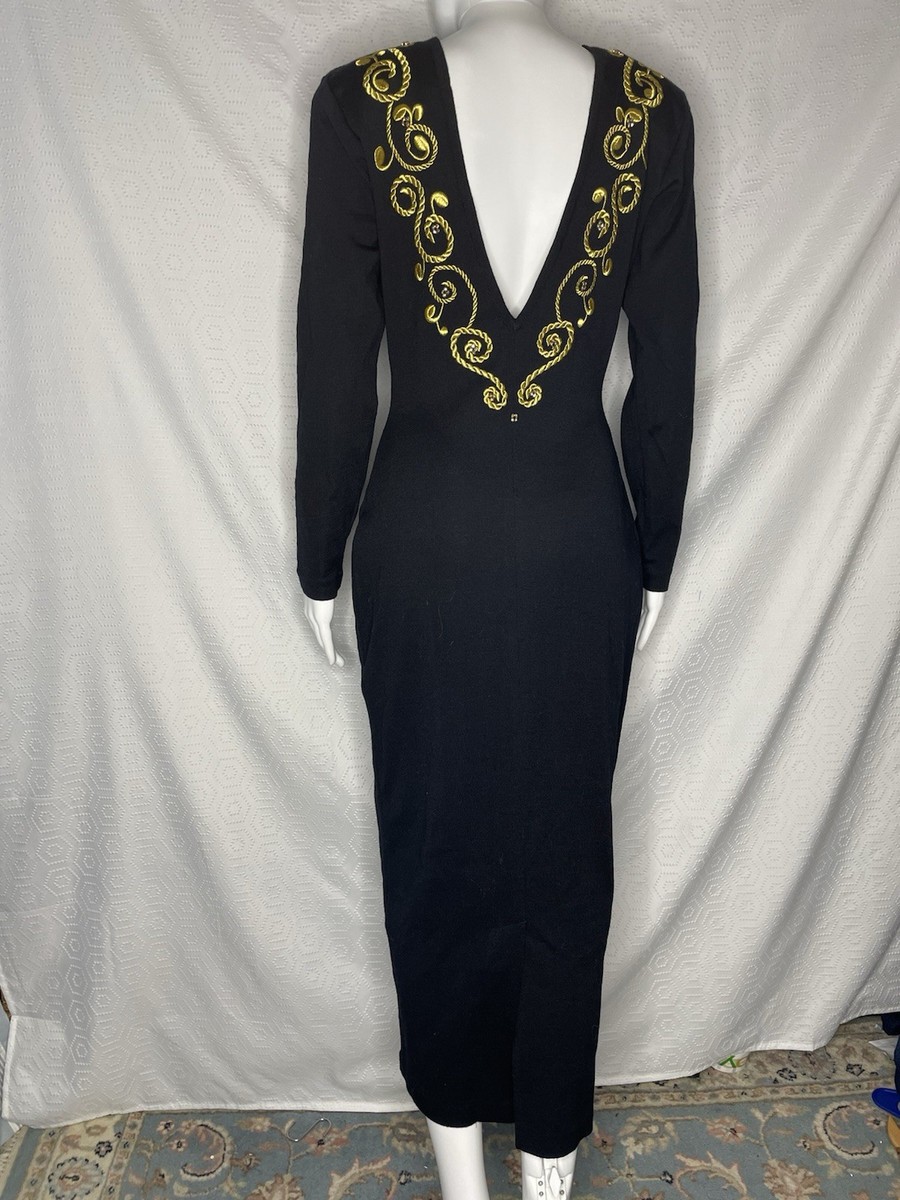 Vintage 80s Fusion Knit Black Gold Embroidered Beaded Dress M Plunging Back Maxi | eBay Vintage 80s Fusion Knit Black Gold Embroidered Beaded Dress M Plunging Back Maxi | eBay