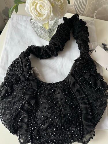 Zara Black Beaded Sequin Frill Embellished Shoulder Bag Wedding Holiday Festival - Picture 2 of 5