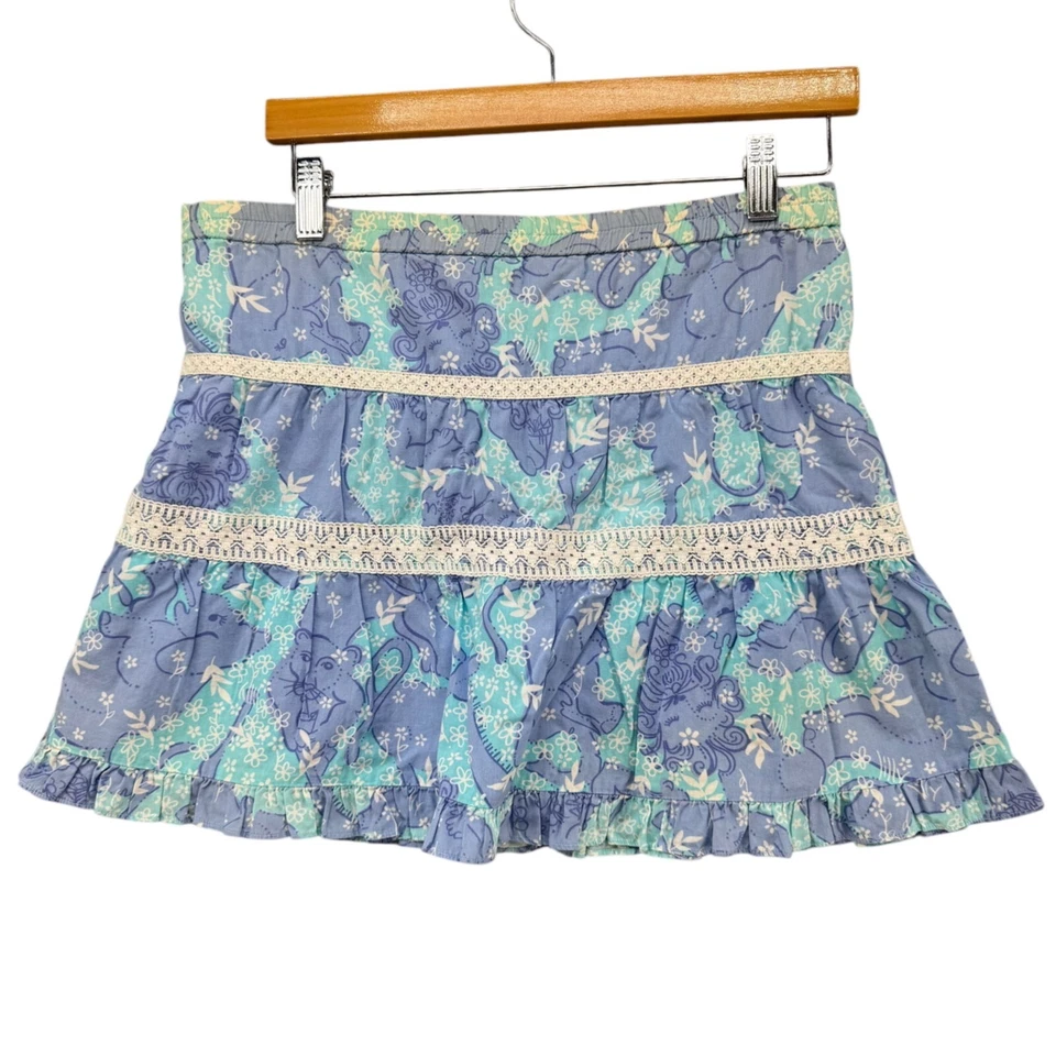 Vtg Lilly Pulitzer Skirt Girls Blue Green Lace Trim Drawstring Size 12 - Image 2 of 4