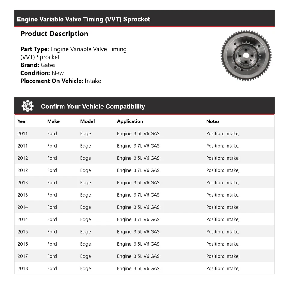 For 2011-2018 Ford Edge Engine Variable Valve Timing (VVT) Sprocket Intake Gates - Image 2 of 4