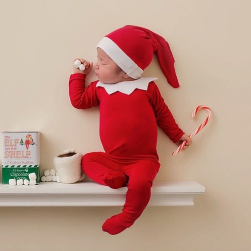 Newborn Baby Girl Boy Christmas Elf Costume Santa Hat Romper Outfit Photo Props - Picture 2 of 12