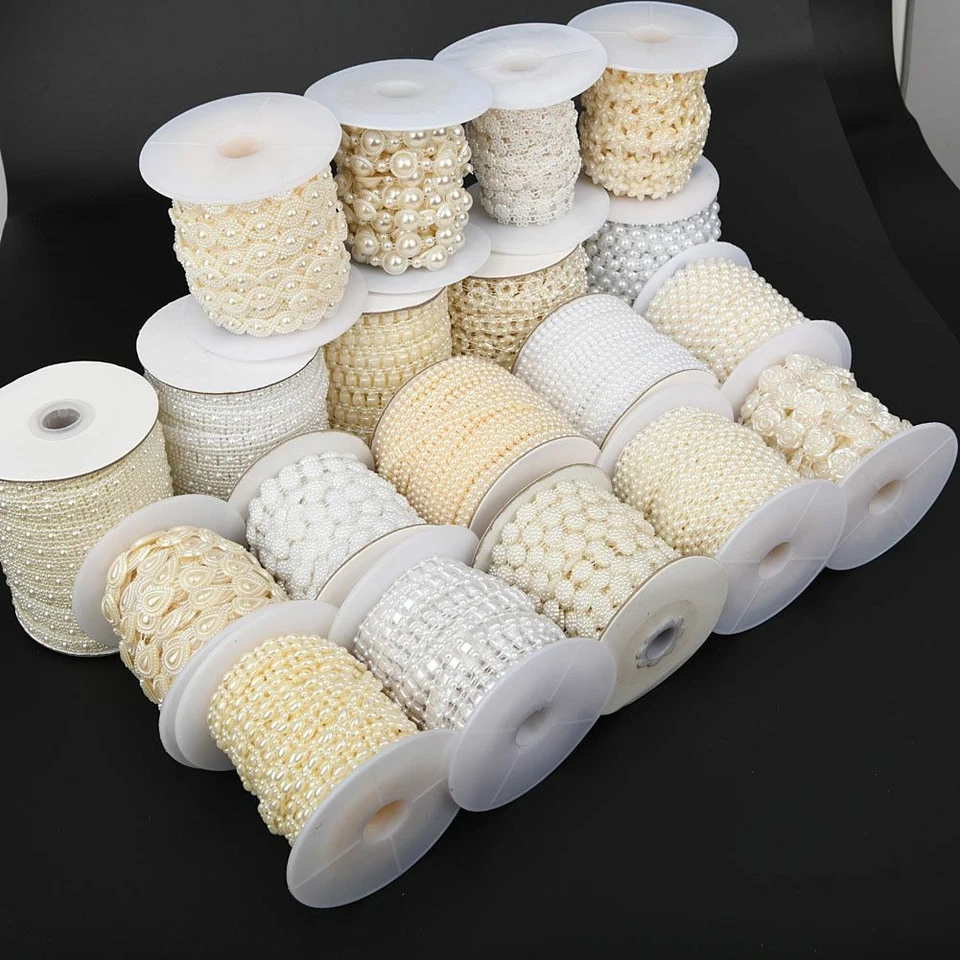 2 Yard Flatback Beads Chain Trim Sew On Abs Ivory White Imitation Pearl Plastic - Image 2 of 4