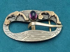 Antique Arts & Crafts Brass & Purple Glass Sash Buckle, Clip: 2.75 x 1.5"