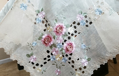 *ROUND* 70'' Beige Organza Polyester Embroidery Tablecloth Handmade Daisy Floral