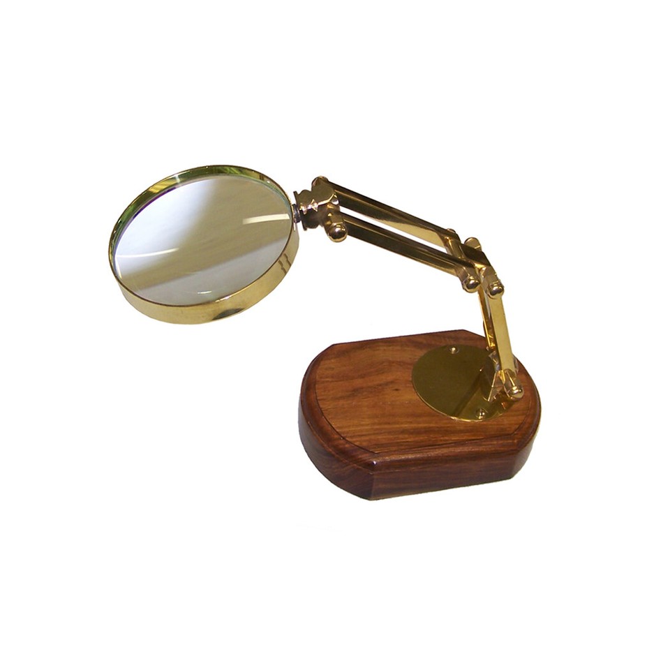 A solid-wood-base antiqued brass desktop magnifier that looks straight out of a gentleman's study — functional, beautiful, and perpetually giftable.