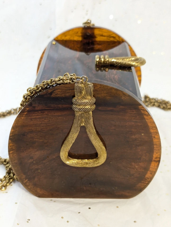 Vtg Rialto Bklyn NY Lucite Wood Grain Purse Handbag Barrel Cocktail Chain Strap - Image 3 of 4