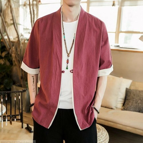 Men Cardigan Coats Linen Half Sleeve 