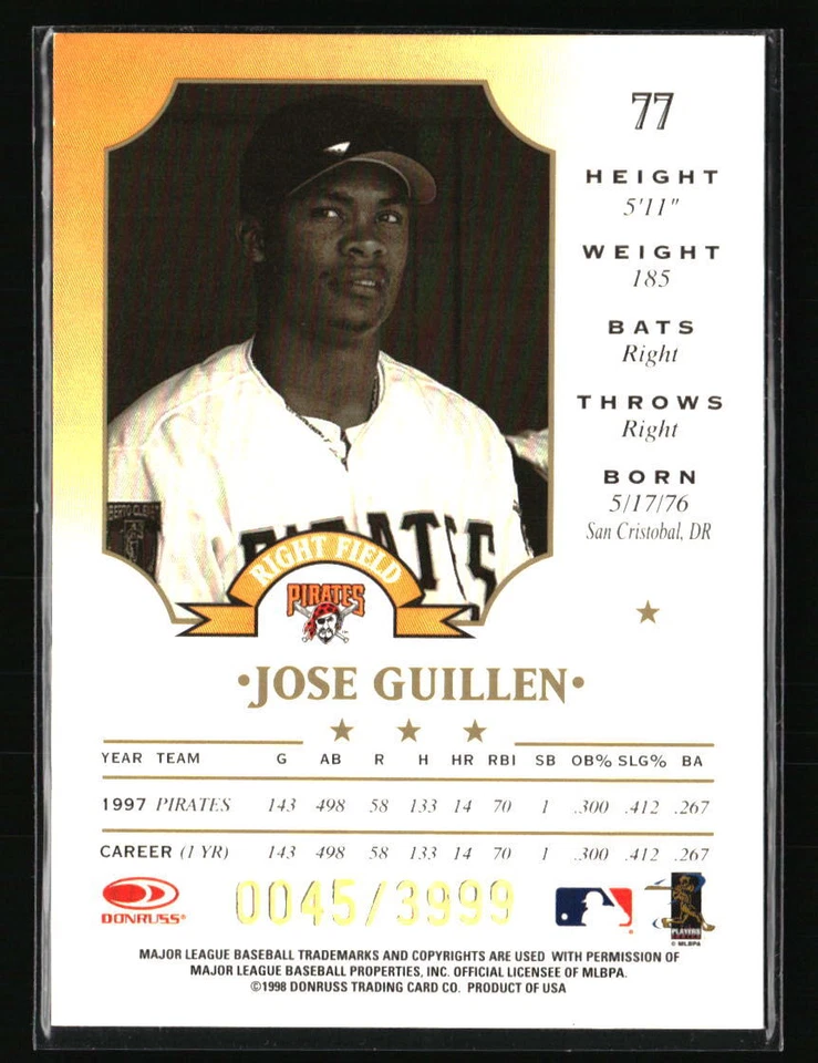 Jose Guillen 1998 Leaf Anniversary Fractal Foundation #77 Baseball Card /3999 - Image 2 of 2