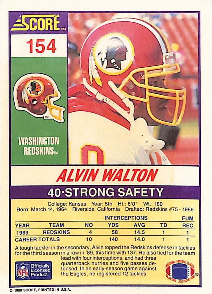 1990 Score Alvin Walton #154 Washington Redskins | eBay