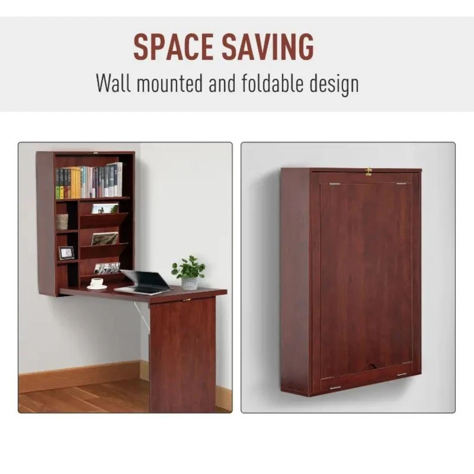 HOMCOM Wall Mounted Desk Convertible Fold Out Office Table W/Shelves, Brown - Image 3 of 4