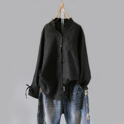 Damen Langarm Oberteile Bindemanschette Hemd Stehkragen Button Down Taschen Bluse